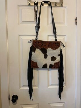 Large Myra cowhide fur leather fridge rodeo western shoulder bag and wristlet